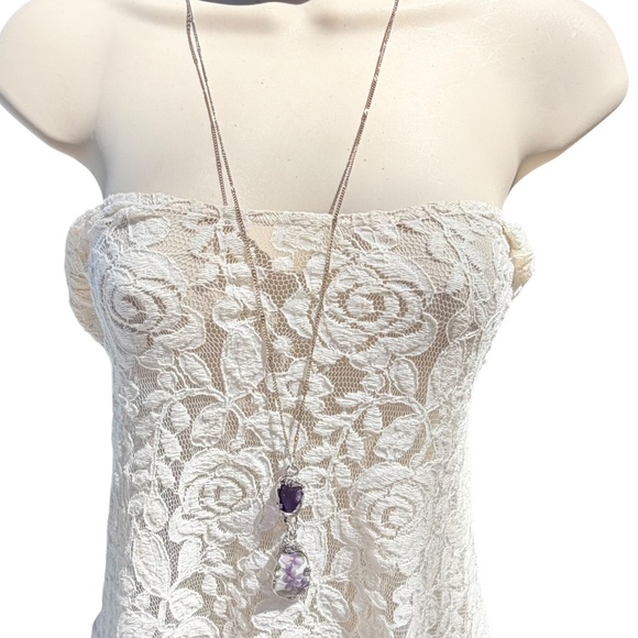 Violets Broken China & Sea Glass Artisan Silver-Blend Metalwork Bezel Pendant - Picture 10 of 16